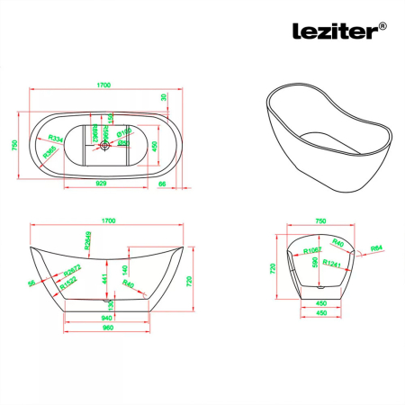 Leziter Cadă de baie independentă Flow neagră [2]