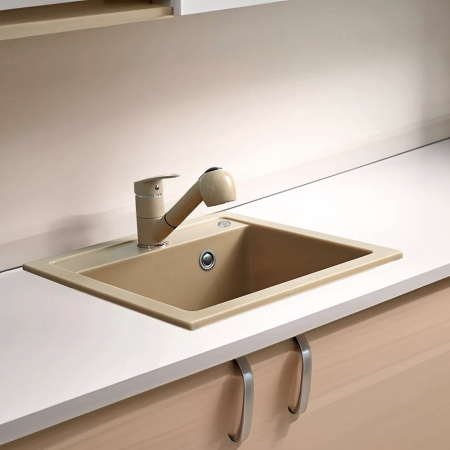 Leziter Chiuvetă pătrată Nia din granit cu o singură cuvă și sifon bej [1]