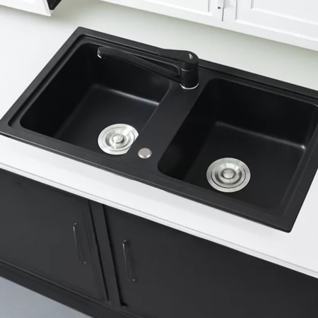 Leziter Chiuvetă pătrată Tia din granit cu două cuve și sifon, neagră [1]