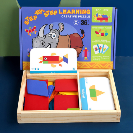 Jucării lemn - Leziter Joc magnetic tangram din lemn cu cărți englezești, nivel avansat