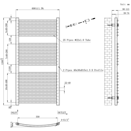 Leziter Radiator curbat pentru uscător de prosoape 1200x600 mm negru [2]