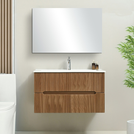 Leziter Set mobilier baie Trent 100 cu lavoar, oglinda, 2 sertare, 60x100 cm, stejar apus de soare [1]