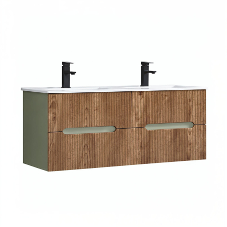 Produse temporar indisponibile - Leziter Trent 120 dulap de baie inferior cu chiuvetă ceramică (4 sertare) stejar verde-oliv-sunset