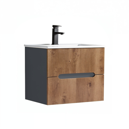 Masca chiuveta baie - Leziter Trent 60 dulap de baie inferior cu chiuvetă ceramică (2 sertare) gri antracit - stejar apus de soare