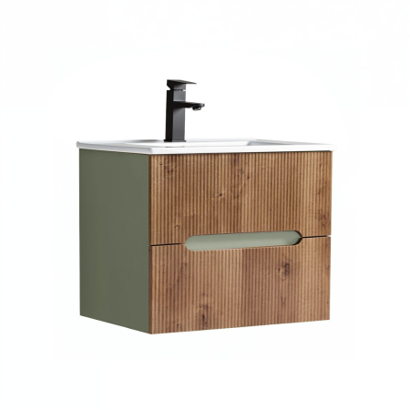 Masca chiuveta baie - Leziter Trent 60 dulap de baie inferior cu chiuvetă ceramică (2 sertare) stejar verde-oliv-sunset