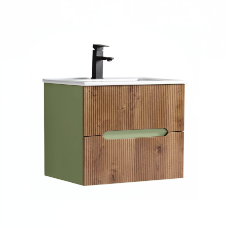 Masca chiuveta baie - Leziter Trent 60 dulap de baie inferior cu chiuvetă ceramică (2 sertare) verde fistic - stejar apus de soare
