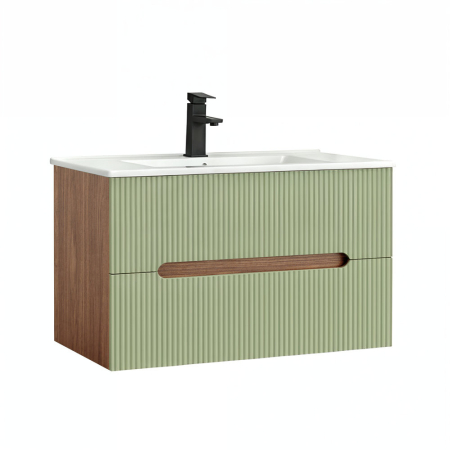 Masca chiuveta baie - Leziter Trent 80 dulap de baie inferior cu chiuvetă ceramică (2 sertare) stejar apus de soare-verde fistic