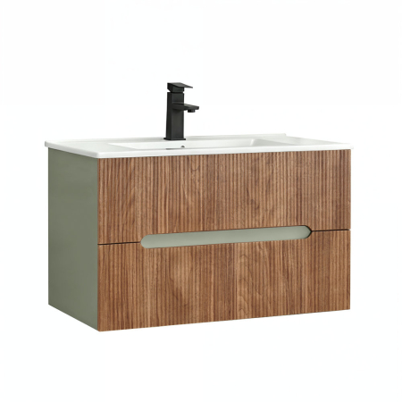 Masca chiuveta baie - Leziter Trent 80 dulap de baie inferior cu chiuvetă ceramică (2 sertare) stejar verde măsliniu-sunset