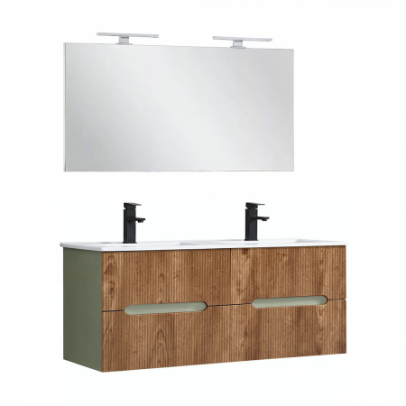 Set mobilier baie - Leziter Trent Mobilier de baie 120 cm chiuvetă ceramică cu oglindă 60x120 cm stejar verde măslin-sunset