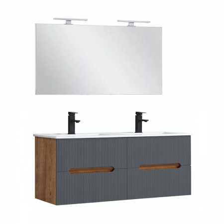 Set mobilier baie - Leziter Trent Mobilier de baie 120 cm Lavetă ceramică cu oglindă 60x120 cm stejar sunset-antracit gri
