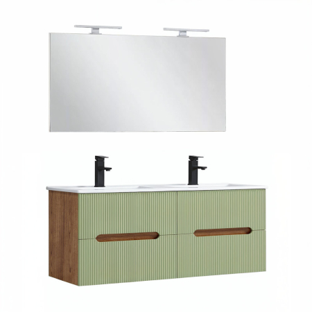 Set mobilier baie - Leziter Trent Mobilier de baie 120 cm lavoar ceramic cu oglindă 60x120 cm stejar apus de soare-verde fistic