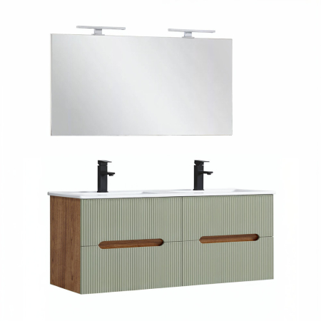 Set mobilier baie - Leziter Trent Mobilier de baie 120 cm lavoar ceramic cu oglindă 60x120 cm stejar apus de soare verde măslin