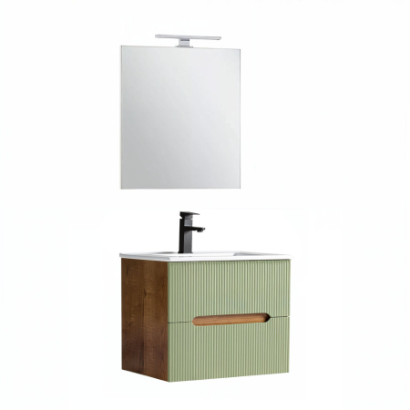 Baie - Leziter Trent mobilier de baie 60 cm ceramică chiuvetă (2 sertare) cu oglindă 60x80 cm sunset stejar-pistachio verde