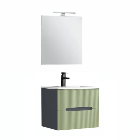 Set mobilier baie - Leziter Trent mobilier de baie 60 cm chiuvetă ceramică (2 sertare) cu oglindă 60x80 cm gri antracit-verde fistic