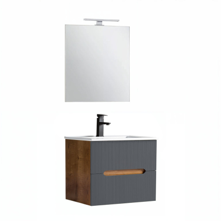 Set mobilier baie - Leziter Trent mobilier de baie 60 cm chiuvetă ceramică (2 sertare) cu oglindă 60x80 cm stejar sunset-antracit gri