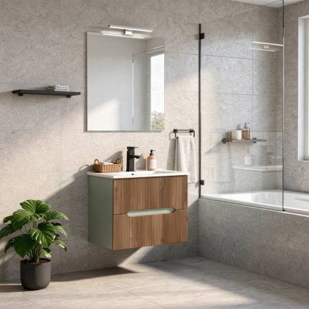 Leziter Trent mobilier de baie 60 cm chiuvetă ceramică (2 sertare) cu oglindă 60x80 cm stejar verde măslin-sunset [1]