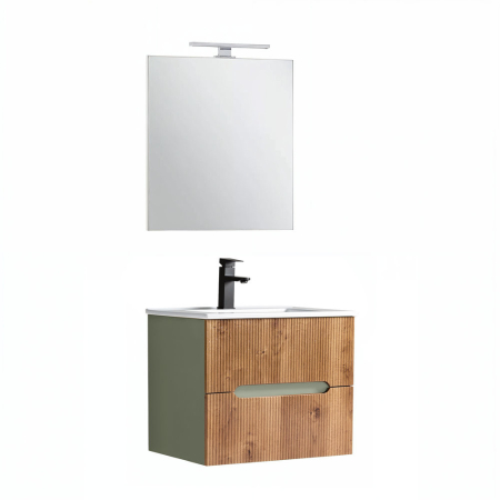 Set mobilier baie - Leziter Trent mobilier de baie 60 cm chiuvetă ceramică (2 sertare) cu oglindă 60x80 cm stejar verde măslin-sunset