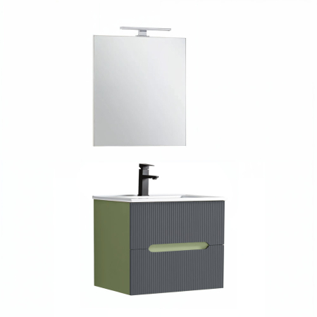 Set mobilier baie - Leziter Trent mobilier de baie 60 cm chiuvetă ceramică (2 sertare) cu oglindă 60x80 cm verde fistic-gri antracit