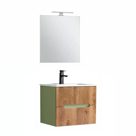 Set mobilier baie - Leziter Trent mobilier de baie 60 cm chiuvetă ceramică (2 sertare) cu oglindă 60x80 cm verde fistic - stejar apus de soare