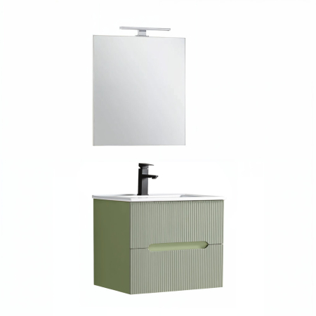 Set mobilier baie - Leziter Trent mobilier de baie 60 cm chiuvetă ceramică (2 sertare) cu oglindă 60x80 cm verde fistic-verde-olive