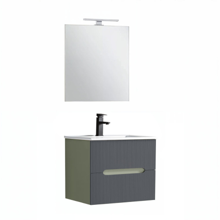 Set mobilier baie - Leziter Trent mobilier de baie 60 cm chiuvetă ceramică (2 sertare) cu oglindă 60x80 cm verde măslin-gri antracit