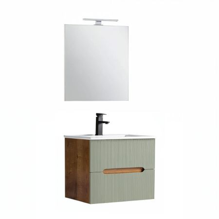 Baie - Leziter Trent Mobilier de baie 60 cm lavoar ceramic (2 sertare) cu oglindă 60x80 cm stejar sunset-olive verde