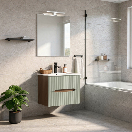 Leziter Trent Mobilier de baie 60 cm lavoar ceramic (2 sertare) cu oglindă 60x80 cm stejar sunset-olive verde [1]