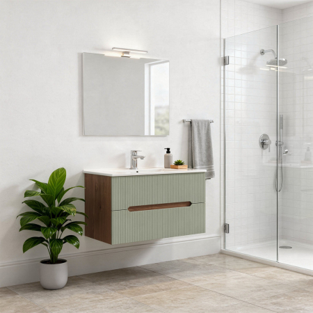 Leziter Trent Mobilier de baie 80 cm chiuvetă ceramică (2 sertare) cu oglindă 60x80 cm stejar apus de soare-oliv verde [1]