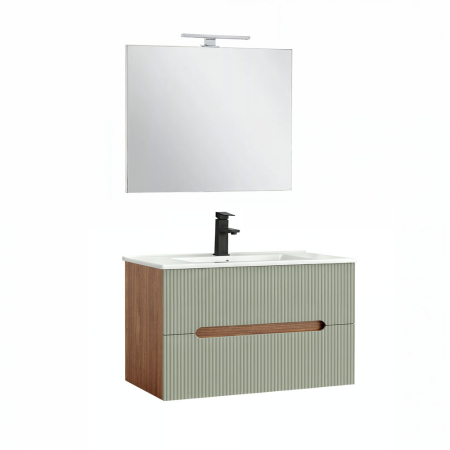 Set mobilier baie - Leziter Trent Mobilier de baie 80 cm chiuvetă ceramică (2 sertare) cu oglindă 60x80 cm stejar apus de soare-oliv verde