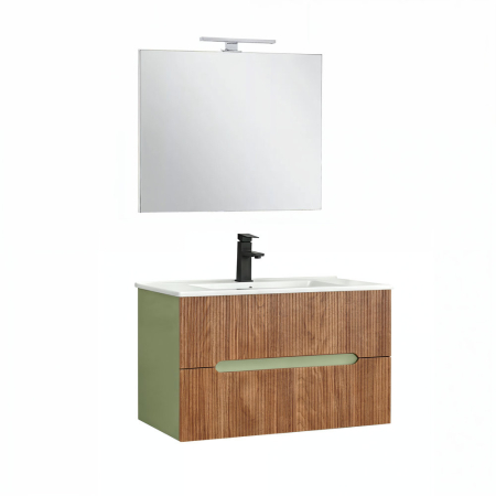 Set mobilier baie - Leziter Trent Mobilier de baie 80 cm chiuvetă ceramică (2 sertare) cu oglindă 60x80 cm verde fistic - stejar apus de soare