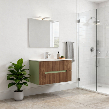 Leziter Trent Mobilier de baie 80 cm chiuvetă ceramică (2 sertare) cu oglindă 60x80 cm verde fistic - stejar apus de soare [1]