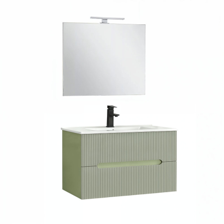 Set mobilier baie - Leziter Trent Mobilier de baie 80 cm chiuvetă ceramică (2 sertare) cu oglindă 60x80 cm verde fistic-verde-oliv