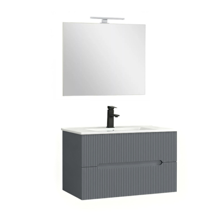 Produse temporar indisponibile - Leziter Trent Mobilier de baie 80 cm lavoar ceramic (2 sertare) cu oglindă 60x80 cm gri antracit