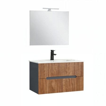 Set mobilier baie - Leziter Trent Mobilier de baie 80 cm lavoar ceramic (2 sertare) cu oglindă 60x80 cm gri antracit - stejar apus de soare