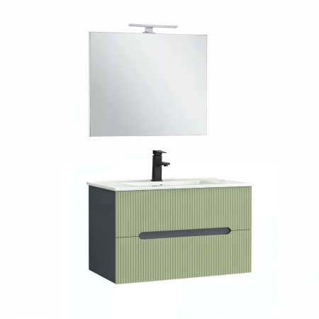 Set mobilier baie - Leziter Trent Mobilier de baie 80 cm lavoar ceramic (2 sertare) cu oglindă 60x80 cm gri antracit-verde fistic