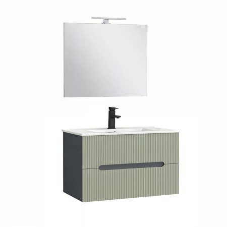 Set mobilier baie - Leziter Trent Mobilier de baie 80 cm lavoar ceramic (2 sertare) cu oglindă 60x80 cm gri antracit-verde-oliv