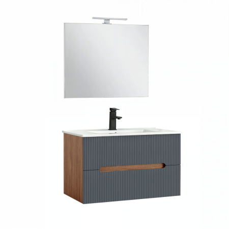 Set mobilier baie - Leziter Trent Mobilier de baie 80 cm lavoar ceramic (2 sertare) cu oglindă 60x80 cm stejar sunset-antracit gri