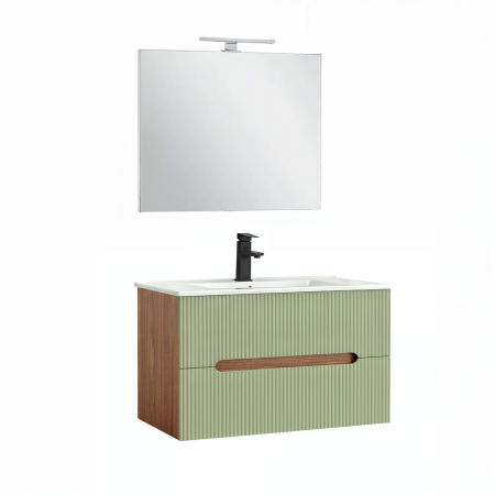 Set mobilier baie - Leziter Trent Mobilier de baie 80 cm lavoar ceramic (2 sertare) cu oglindă 60x80 cm stejar sunset-verde fistic