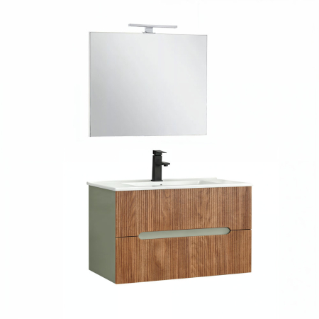 Set mobilier baie - Leziter Trent Mobilier de baie 80 cm lavoar ceramic (2 sertare) cu oglindă 60x80 cm stejar verde-oliv-sunset