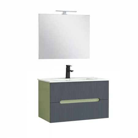 Set mobilier baie - Leziter Trent Mobilier de baie 80 cm lavoar ceramic (2 sertare) cu oglindă 60x80 cm verde fistic-gri antracit