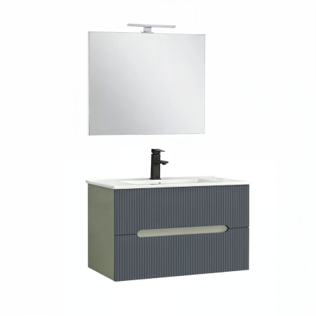 Set mobilier baie - Leziter Trent Mobilier de baie 80 cm lavoar ceramic (2 sertare) cu oglindă 60x80 cm verde măslin-gri antracit