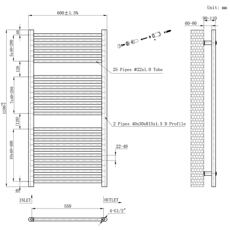 Leziter Uscător de prosoape drept radiator 1200x600 mm alb [2]