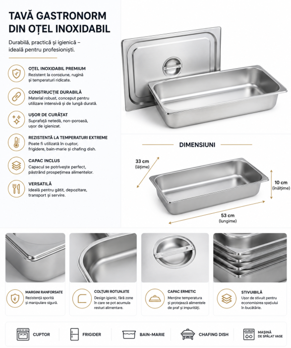 Tavă Gastronorm GN 1/1 din inox cu capac 53x33x10 cm [2]