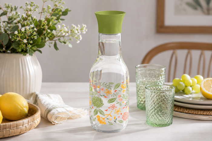 Carafa Din Sticla 1L Cu Capac Pentru Apa Si Limonada Model Floral Verde [2]