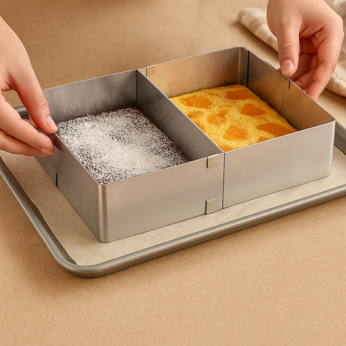 Formă reglabilă inox prăjituri și blaturi cu separator detașabil 34–52 cm [3]