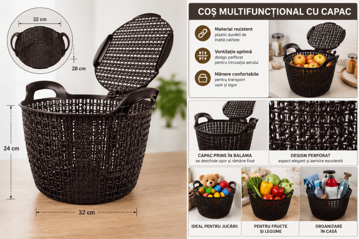 Coș multifuncțional cu capac din plastic maro 32 cm pentru depozitare [3]