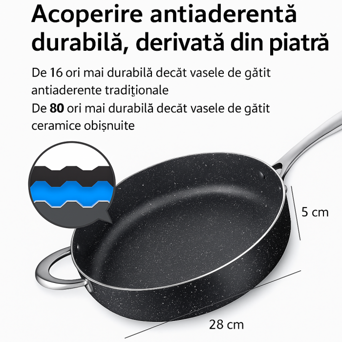 Tigaie antiaderentă 28 cm piatră naturală cu capac sticlă termorezistentă [3]