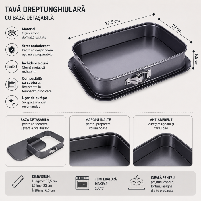 Tavă dreptunghiulară pentru copt cu bază detașabilă 32,5x23x6,5 cm [3]