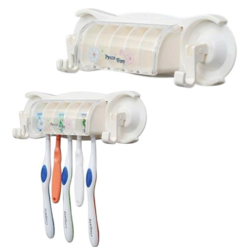 Suport de perete pentru periuțe de dinți cu capac și cârlige laterale [1]