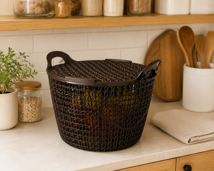 Coș multifuncțional cu capac din plastic maro 32 cm pentru depozitare [5]